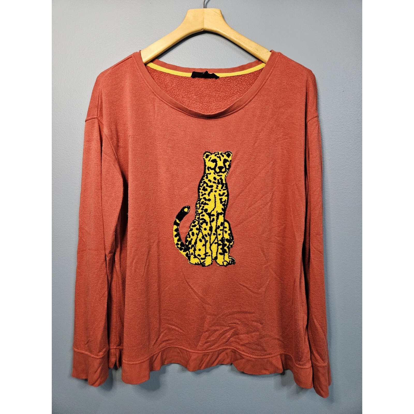Jane Delancey Rust Orange Cheetah Graphic Long Sleeve Top Soft Casual Fit Large